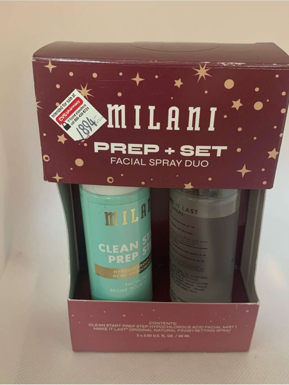 Milani Prep + Set Facial Spray Duo - Clean Start Prep Sprays NIB 60ml Each